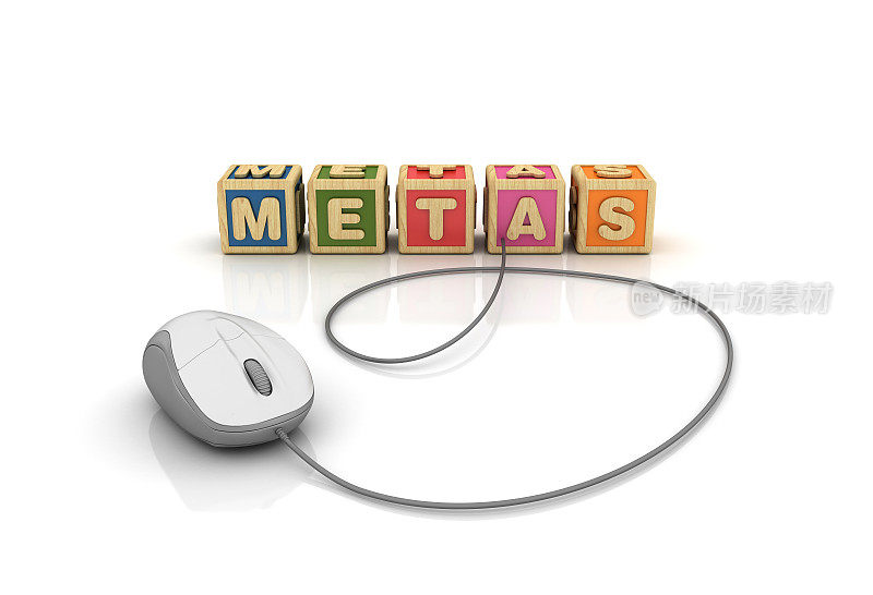 计算机鼠标的METAS流行语立方体-西班牙语单词- 3D渲染